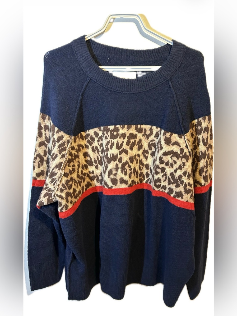 aerie Navy Crewneck Sweater with Leopard Panel and Red Stripe